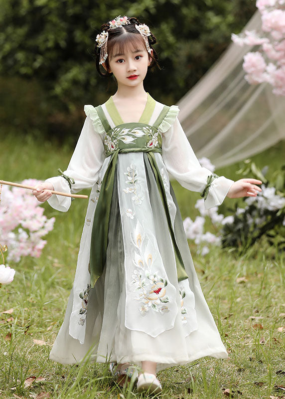 Boutique Green Ruffled Embroideried Patchwork Chiffon Kids Girls Dress Long Sleeve LY6524 - fabuloryshop