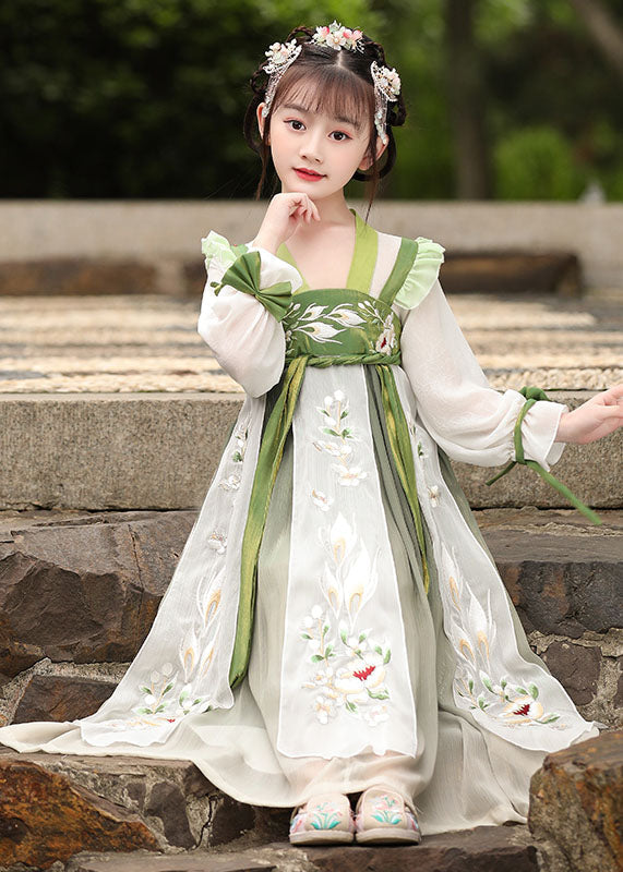 Boutique Green Ruffled Embroideried Patchwork Chiffon Kids Girls Dress Long Sleeve LY6524 - fabuloryshop