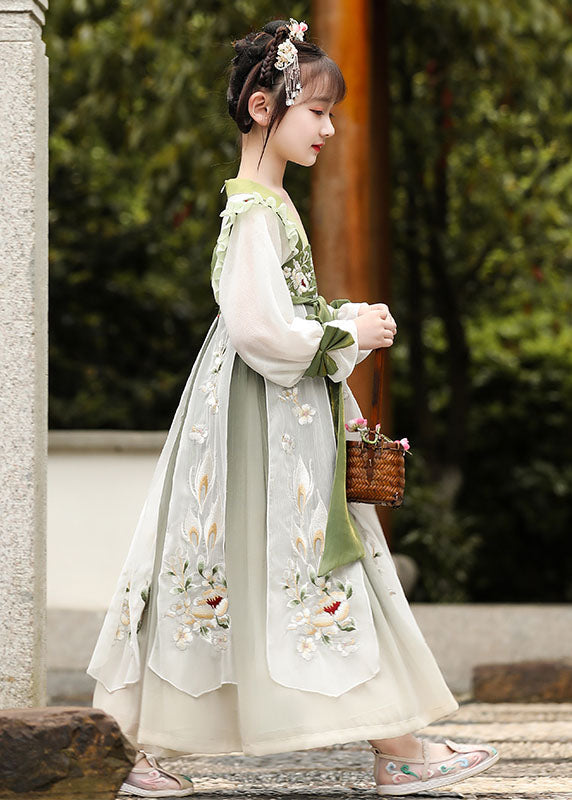 Boutique Green Ruffled Embroideried Patchwork Chiffon Kids Girls Dress Long Sleeve LY6524 - fabuloryshop