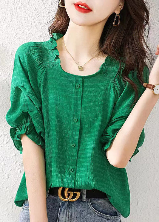 Boutique Green Ruffled Patchwork Chiffon Shirts Tops Summer TP1058 - fabuloryshop