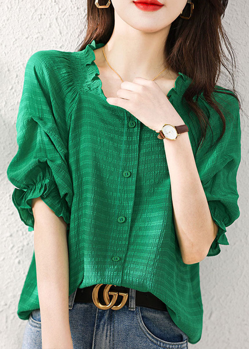 Boutique Green Ruffled Patchwork Chiffon Shirts Tops Summer TP1058