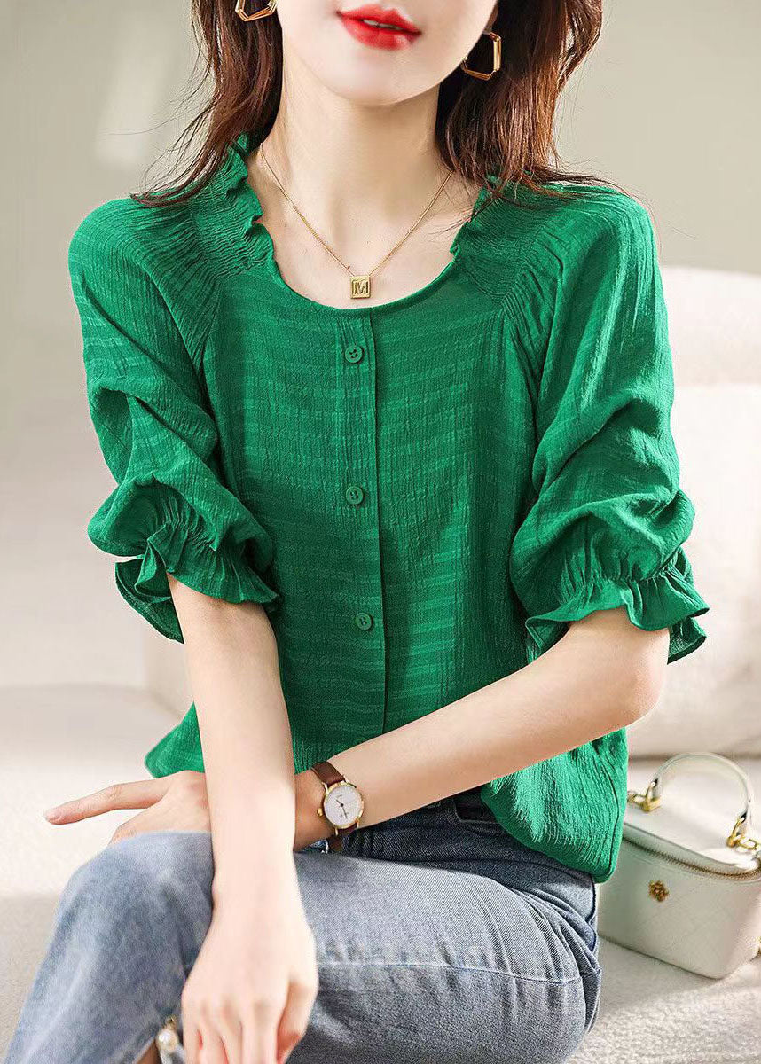 Boutique Green Ruffled Patchwork Chiffon Shirts Tops Summer TP1058