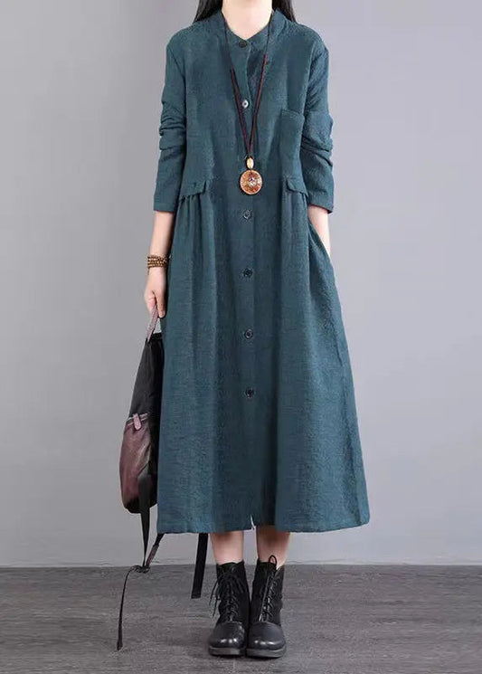 Boutique Green Stand Collar Button Patchwork Cotton Dress Fall Ada Fashion