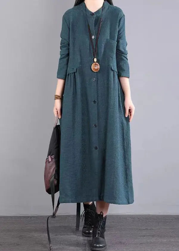 Boutique Green Stand Collar Button Patchwork Cotton Dress Fall Ada Fashion