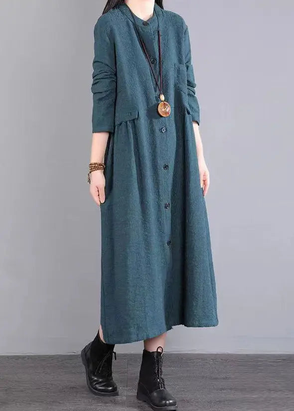 Boutique Green Stand Collar Button Patchwork Cotton Dress Fall Ada Fashion
