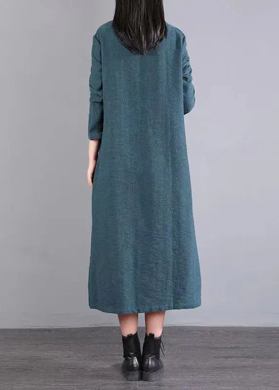 Boutique Green Stand Collar Button Patchwork Cotton Dress Fall Ada Fashion