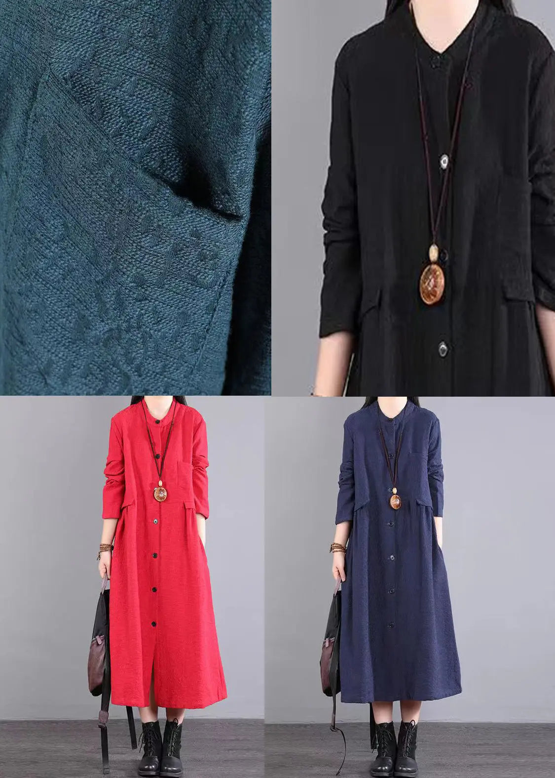 Boutique Green Stand Collar Button Patchwork Cotton Dress Fall Ada Fashion
