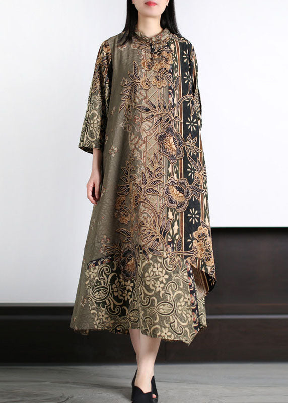 Boutique Green Stand Collar Print Patchwork Silk Long Dress Bracelet Sleeve LY5159 - fabuloryshop