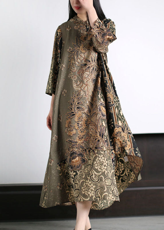 Boutique Green Stand Collar Print Patchwork Silk Long Dress Bracelet Sleeve LY5159 - fabuloryshop