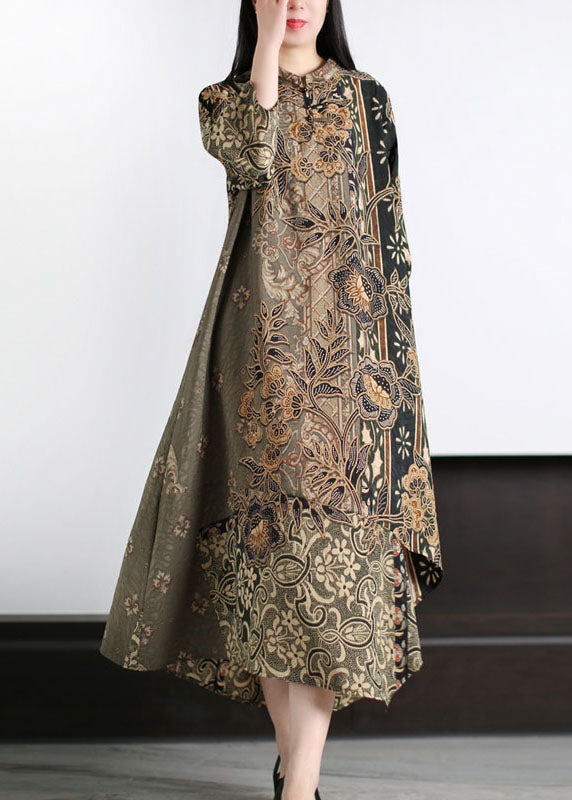 Boutique Green Stand Collar Print Patchwork Silk Long Dress Bracelet Sleeve LY5159 - fabuloryshop