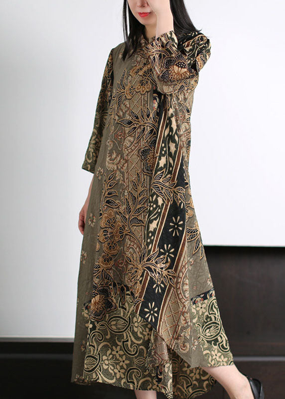 Boutique Green Stand Collar Print Patchwork Silk Long Dress Bracelet Sleeve LY5159 - fabuloryshop