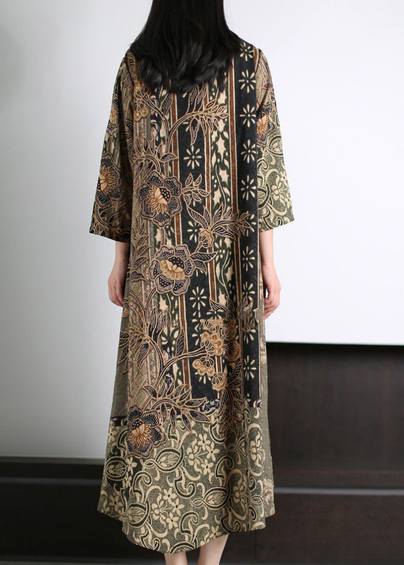 Boutique Green Stand Collar Print Patchwork Silk Long Dress Bracelet Sleeve LY5159 - fabuloryshop