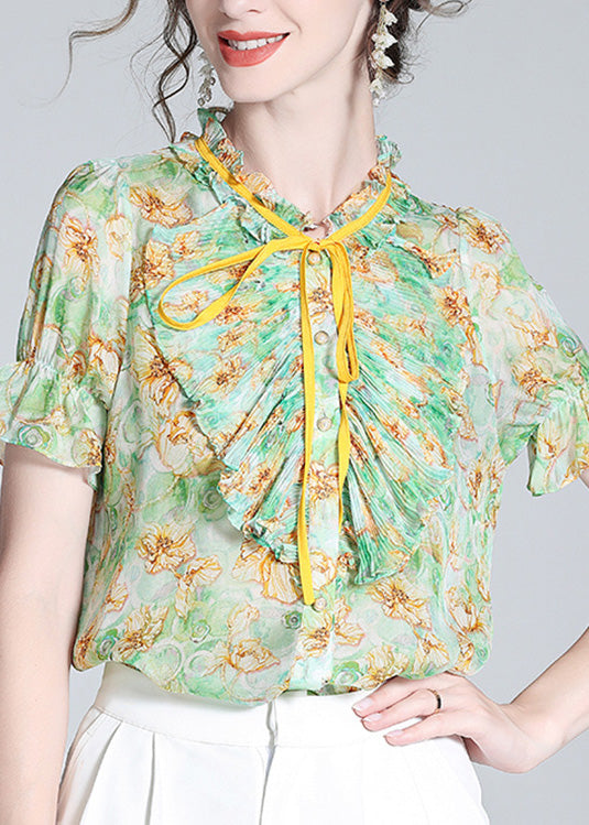 Boutique Green Stand Collar Print Ruffled Neck Tie Silk Top Summer LY1042 - fabuloryshop