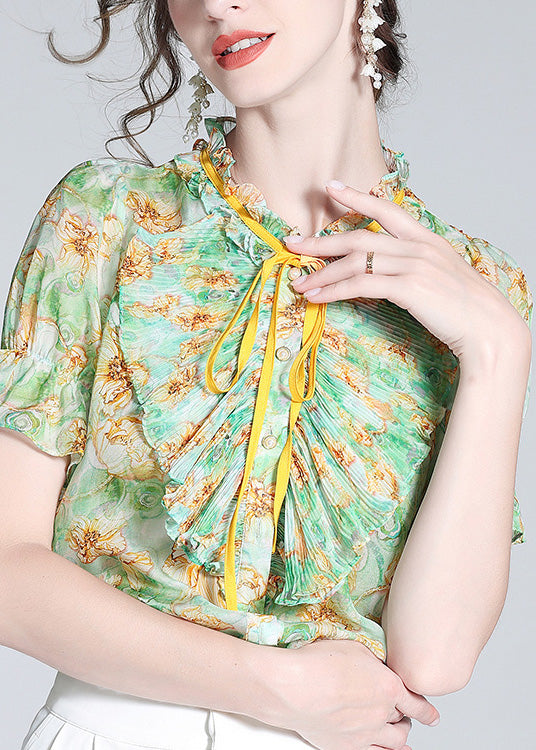 Boutique Green Stand Collar Print Ruffled Neck Tie Silk Top Summer LY1042 - fabuloryshop