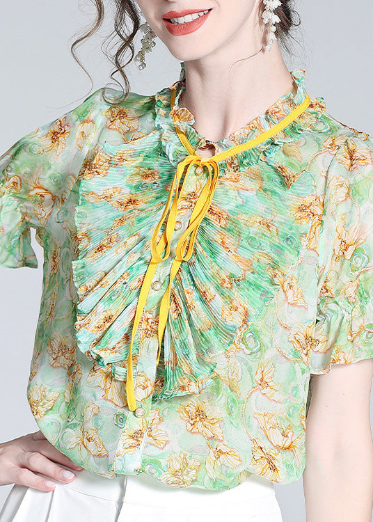 Boutique Green Stand Collar Print Ruffled Neck Tie Silk Top Summer LY1042 - fabuloryshop