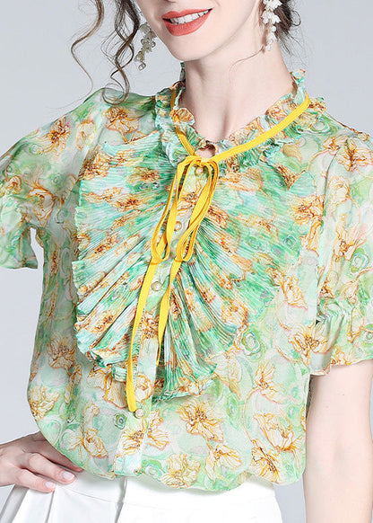 Boutique Green Stand Collar Print Ruffled Neck Tie Silk Top Summer LY1042 - fabuloryshop