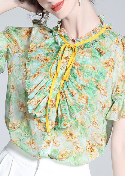 Boutique Green Stand Collar Print Ruffled Neck Tie Silk Top Summer LY1042 - fabuloryshop