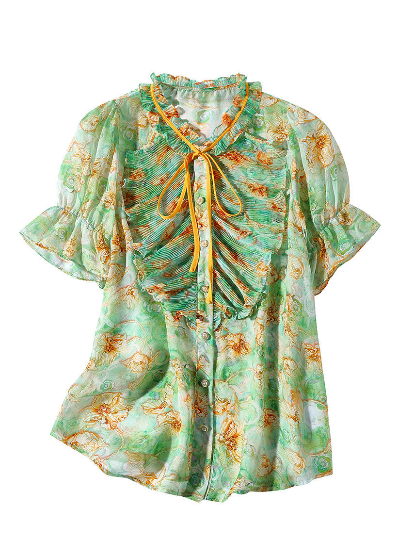 Boutique Green Stand Collar Print Ruffled Neck Tie Silk Top Summer LY1042 - fabuloryshop