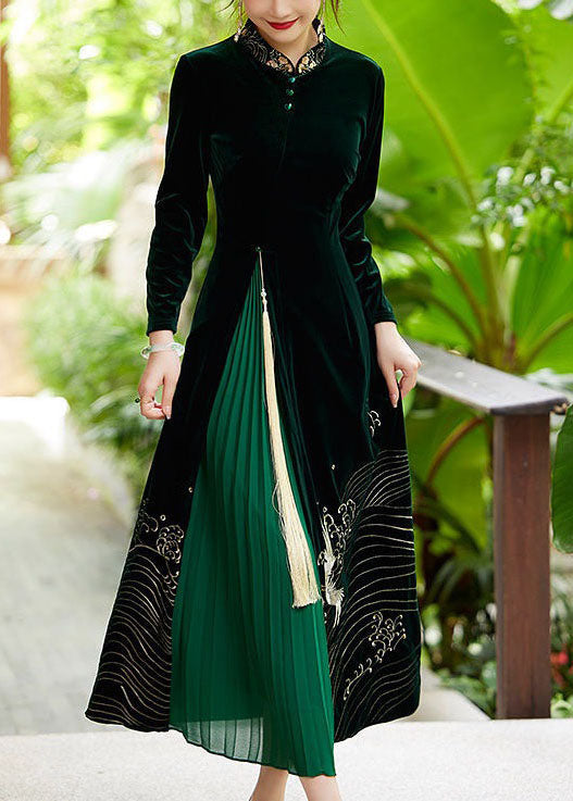 Boutique Green Tasseled Embroideried Patchwork Velour Dresses Spring LY1722 - fabuloryshop