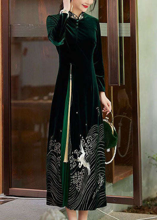 Boutique Green Tasseled Embroideried Patchwork Velour Dresses Spring LY1722 - fabuloryshop