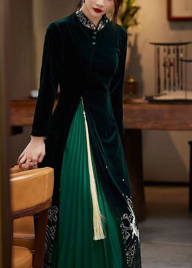 Boutique Green Tasseled Embroideried Patchwork Velour Dresses Spring LY1722 - fabuloryshop