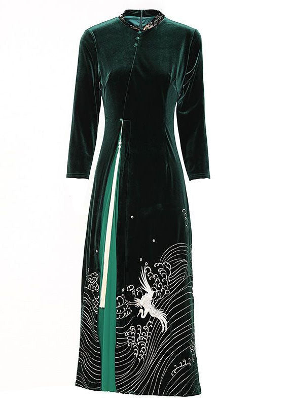 Boutique Green Tasseled Embroideried Patchwork Velour Dresses Spring LC0290 - fabuloryshop
