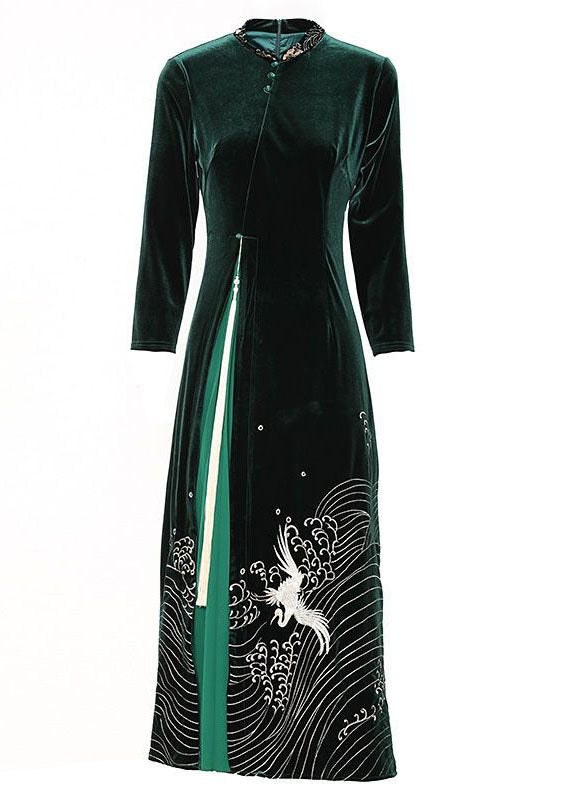 Boutique Green Tasseled Embroideried Patchwork Velour Dresses Spring LY1722 - fabuloryshop