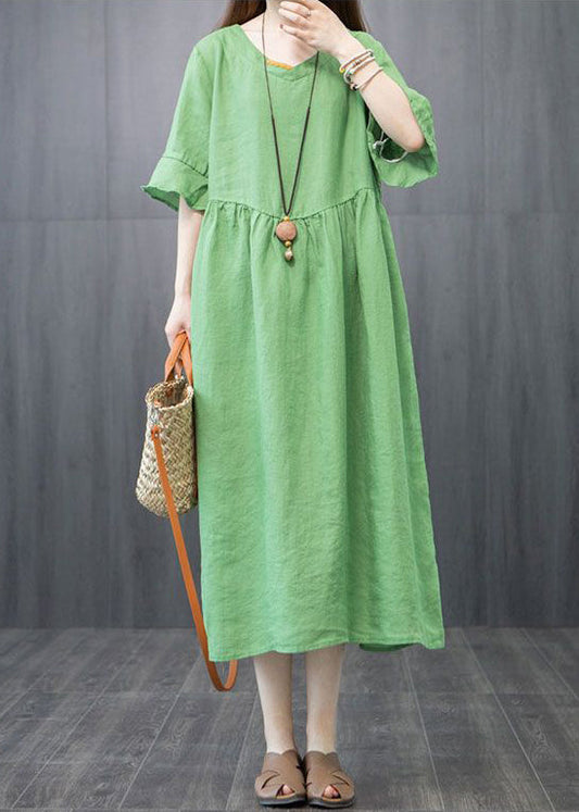 Boutique Green V Neck Patchwork Linen Robe Dresses Butterfly Sleeve LY0920 - fabuloryshop