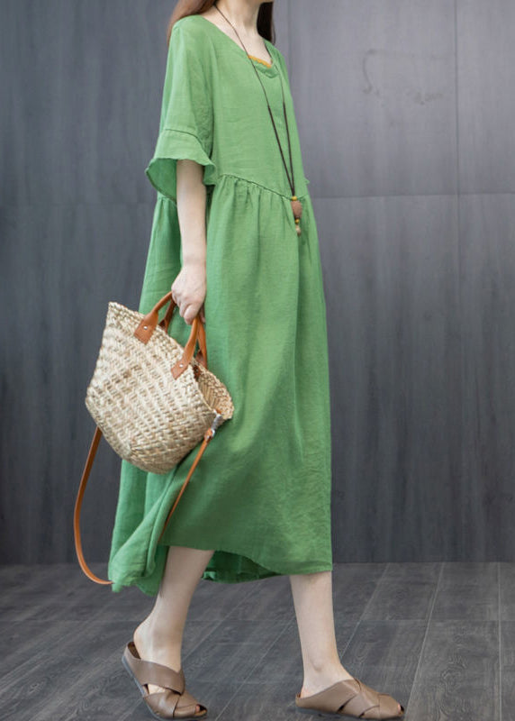 Boutique Green V Neck Patchwork Linen Robe Dresses Butterfly Sleeve LY0920 - fabuloryshop