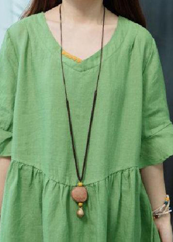 Boutique Green V Neck Patchwork Linen Robe Dresses Butterfly Sleeve LY0920 - fabuloryshop