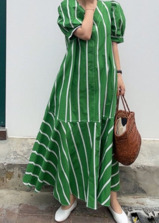 Boutique Green V Neck Striped Patchwork Cotton Dresses Summer LY2170 - fabuloryshop