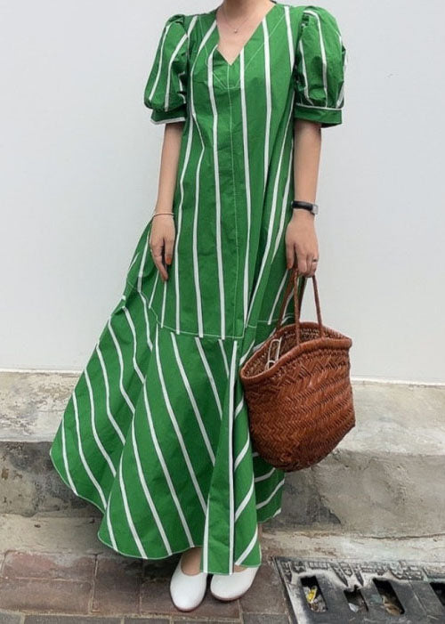 Boutique Green V Neck Striped Patchwork Cotton Dresses Summer LY2170 - fabuloryshop
