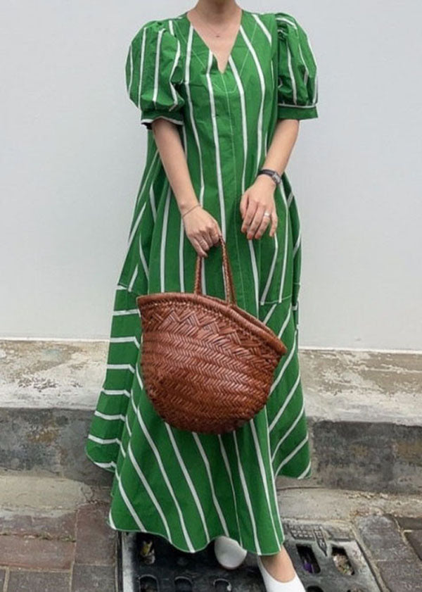 Boutique Green V Neck Striped Patchwork Cotton Dresses Summer LY2170 - fabuloryshop