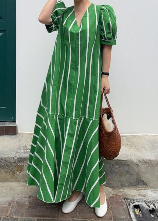 Boutique Green V Neck Striped Patchwork Cotton Dresses Summer LY2170 - fabuloryshop