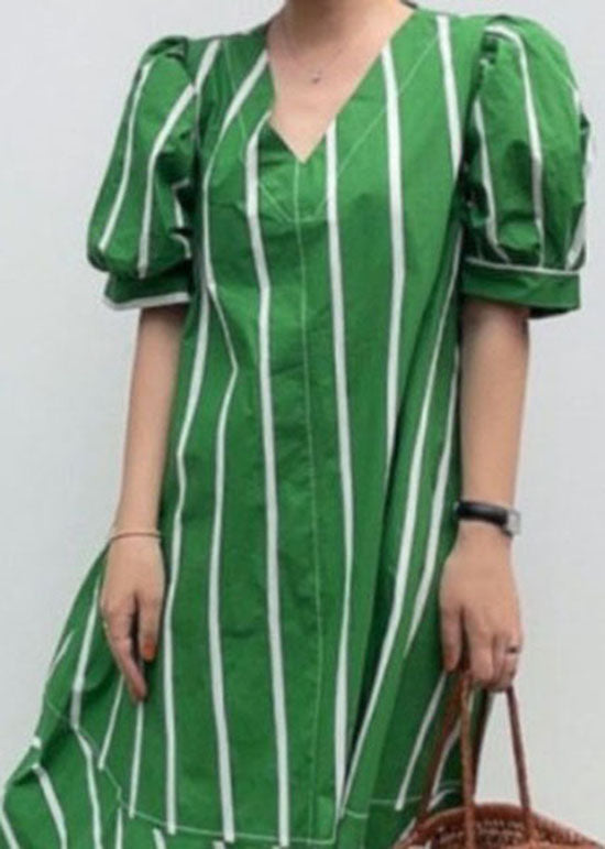 Boutique Green V Neck Striped Patchwork Cotton Dresses Summer LY2170 - fabuloryshop
