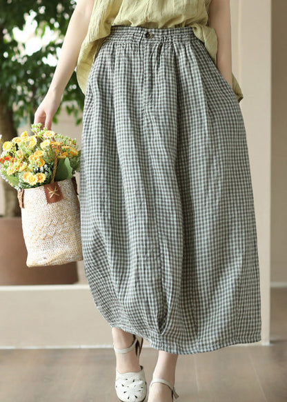 Boutique Grey Green Plaid Elastic Waist Linen Maxi Skirt Summer LY6917 - fabuloryshop