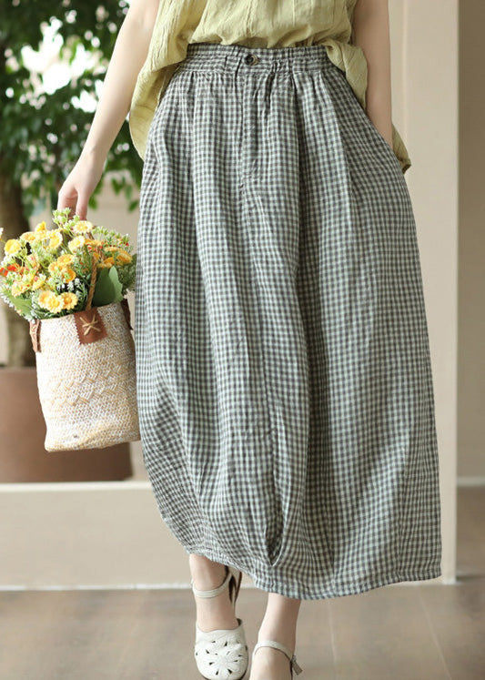 Boutique Grey Green Plaid Elastic Waist Linen Maxi Skirt Summer LY6917 - fabuloryshop