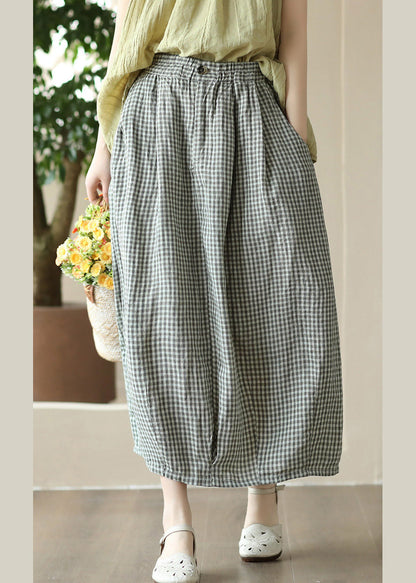 Boutique Grey Green Plaid Elastic Waist Linen Maxi Skirt Summer LY6917 - fabuloryshop