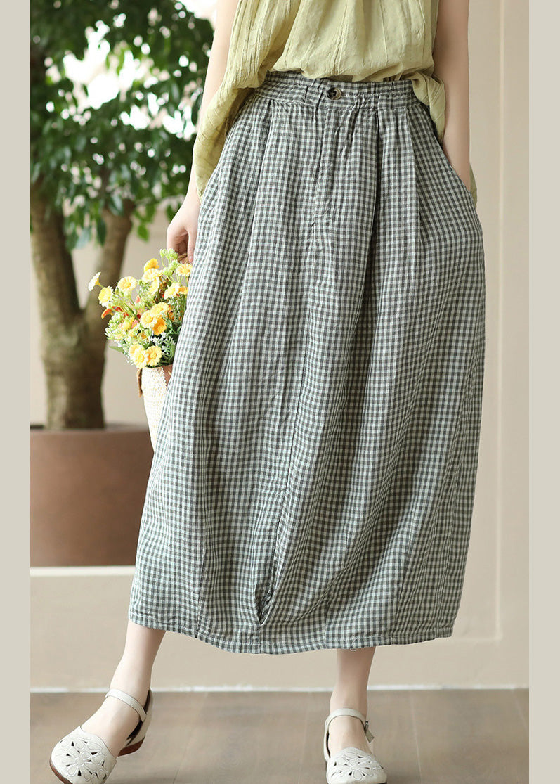 Boutique Grey Green Plaid Elastic Waist Linen Maxi Skirt Summer LY6917 - fabuloryshop