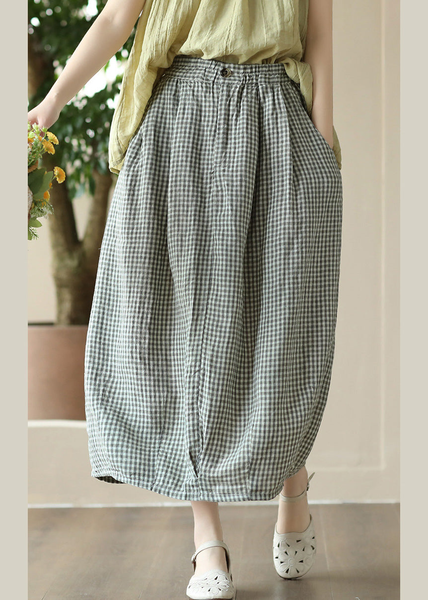 Boutique Grey Green Plaid Elastic Waist Linen Maxi Skirt Summer LY6917 - fabuloryshop