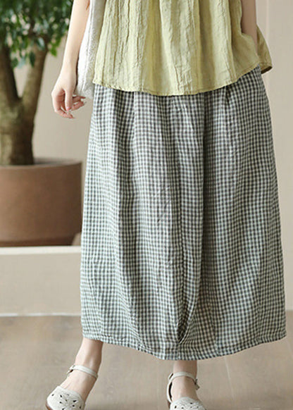 Boutique Grey Green Plaid Elastic Waist Linen Maxi Skirt Summer LY6917 - fabuloryshop