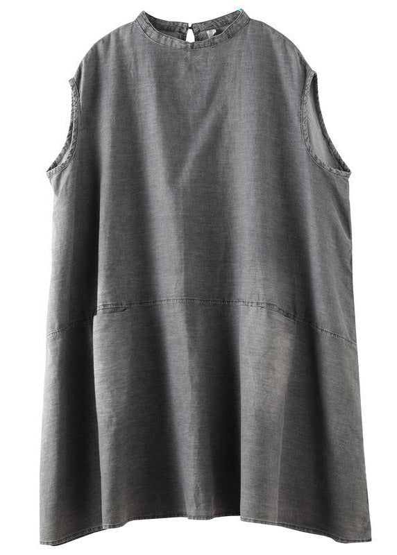 Boutique Grey Stand Collar Patchwork Solid Mid Dress Summer LY2954 - fabuloryshop