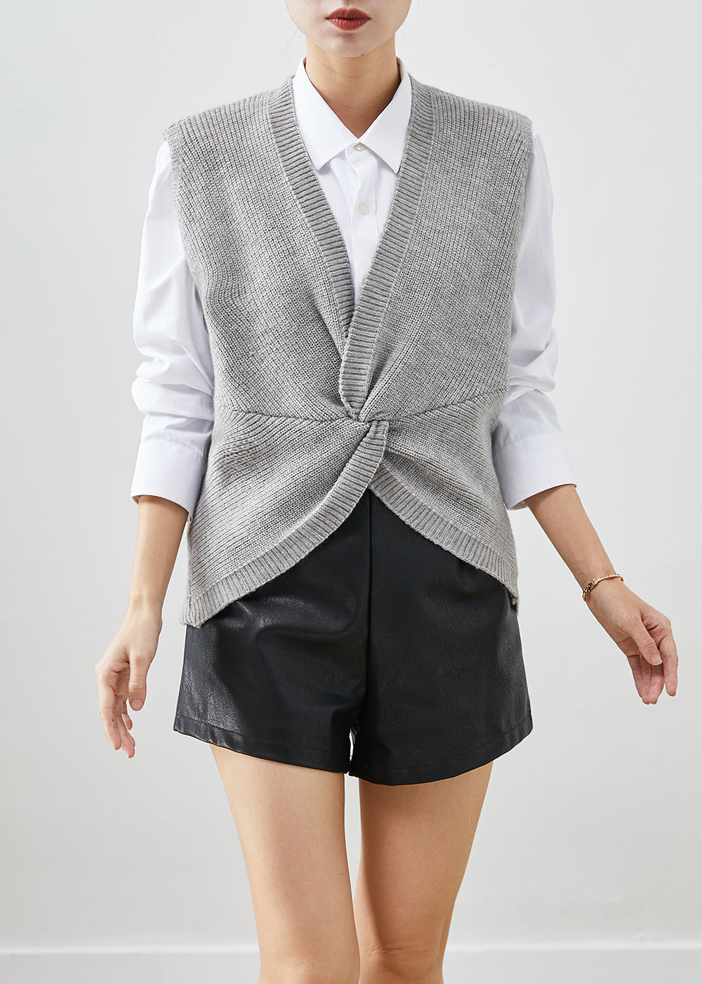 Boutique Grey V Neck Asymmetrical Design Knit Vests Fall Ada Fashion