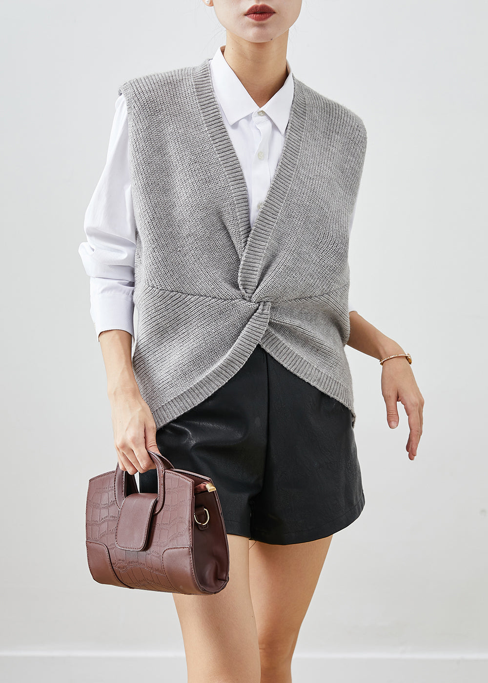 Boutique Grey V Neck Asymmetrical Design Knit Vests Fall Ada Fashion