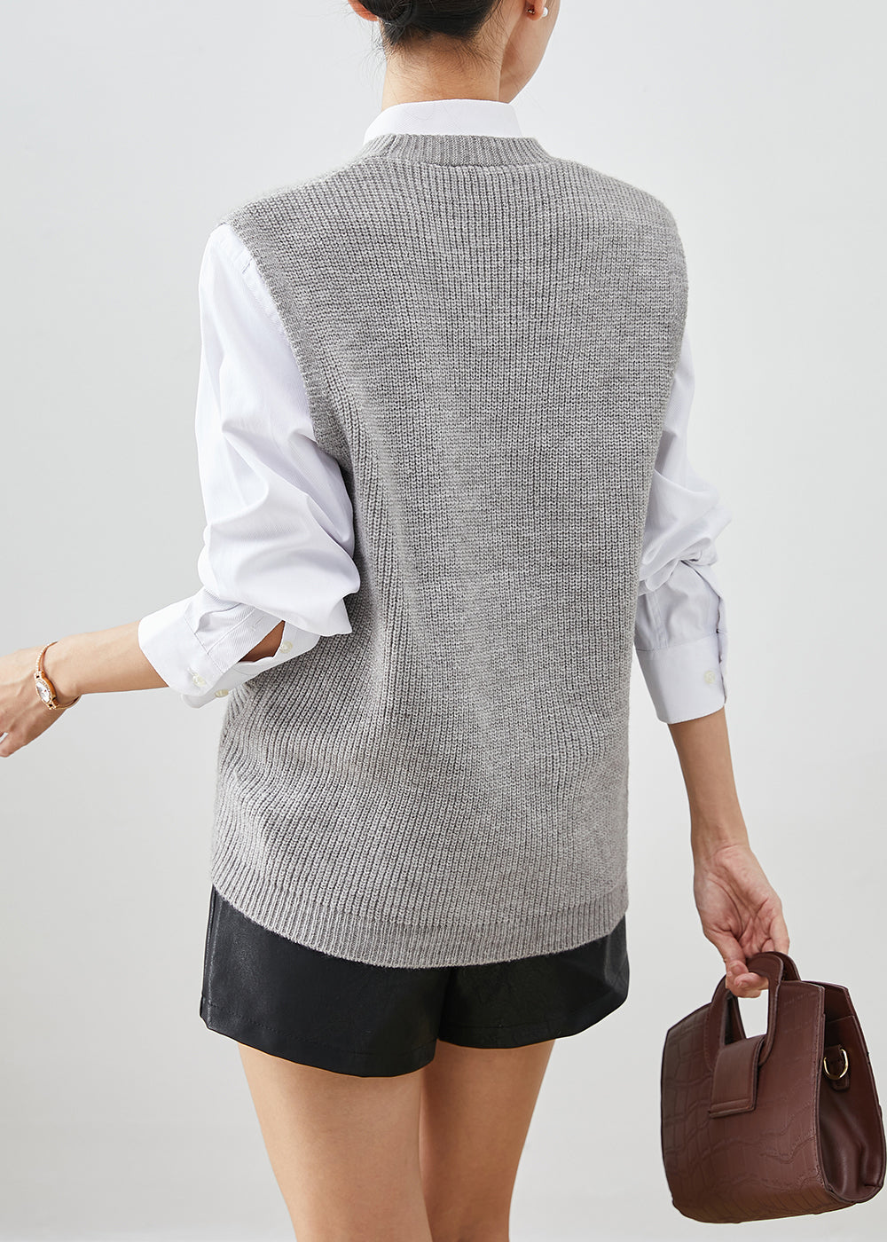 Boutique Grey V Neck Asymmetrical Design Knit Vests Fall Ada Fashion