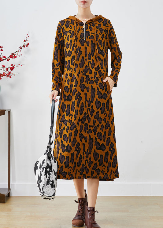 Boutique Hooded Leopard Print Cotton Maxi Dress Fall Ada Fashion