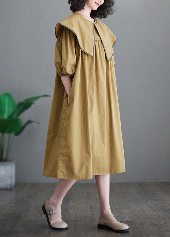 Boutique Khaki Sailor Collar Patchwork Cotton Maxi Dresses Half Sleeve Ada Fashion