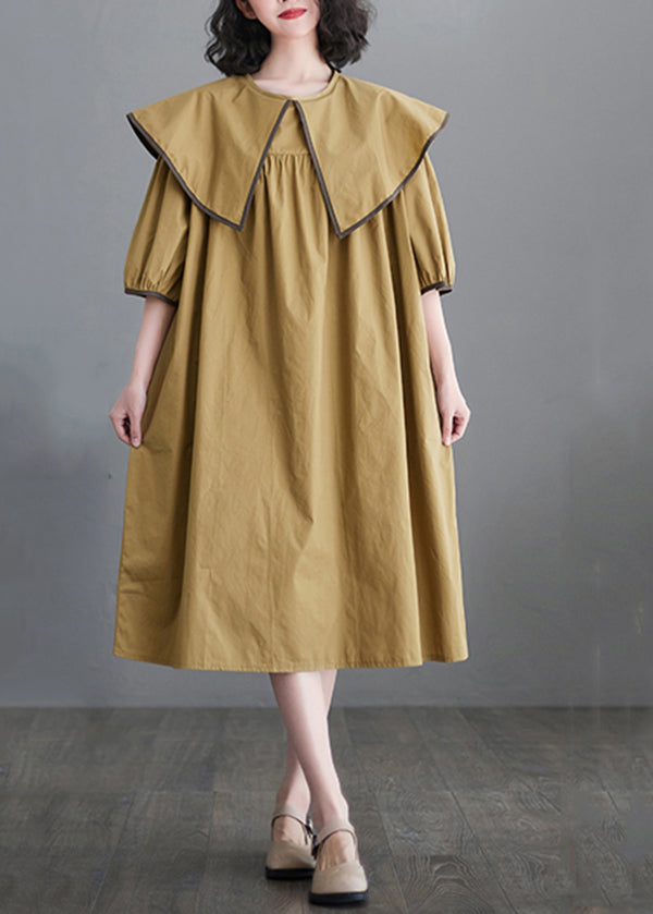 Boutique Khaki Sailor Collar Patchwork Cotton Maxi Dresses Half Sleeve Ada Fashion