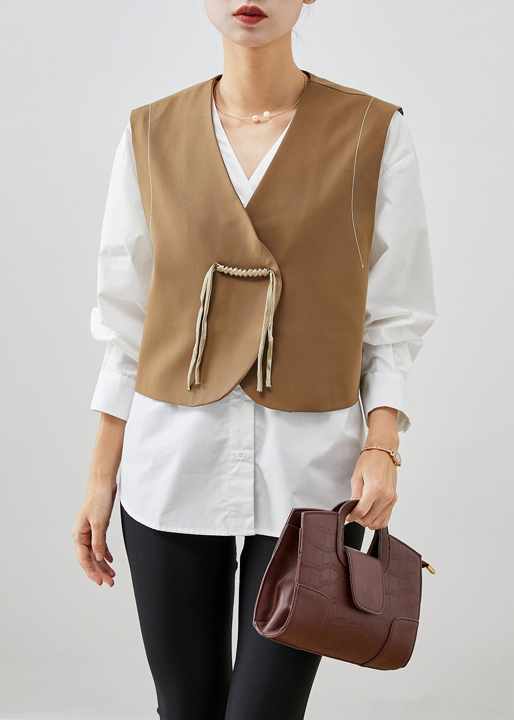 Boutique Khaki Tasseled Chinese Button Cotton Two Pieces Set Fall Ada Fashion