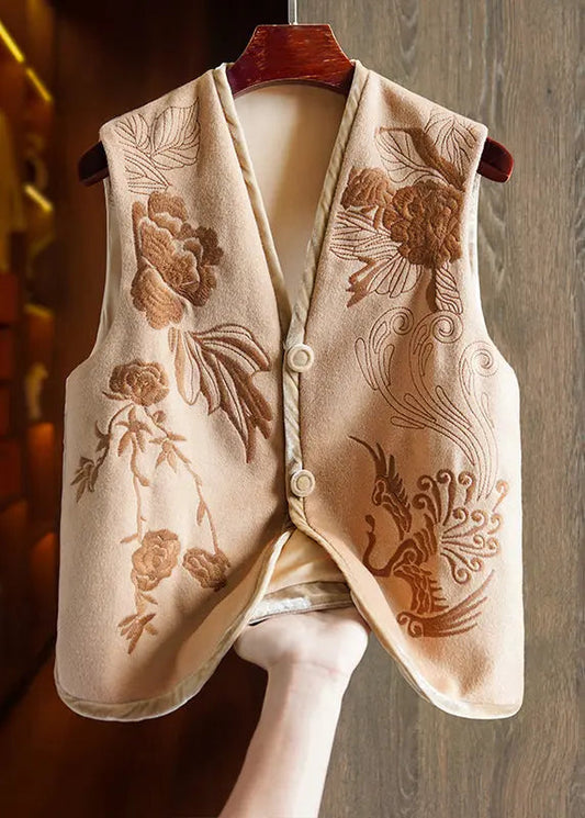 Boutique Khaki V Neck Embroideried Patchwork Woolen Vest Sleeveless Ada Fashion